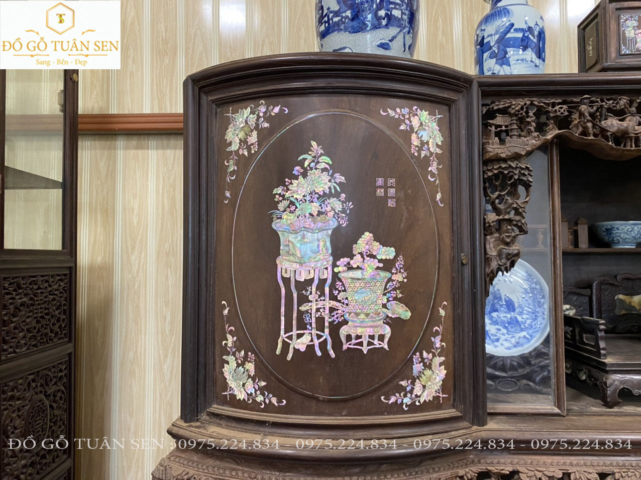 Thông tin kích thước tủ chè cánh cong khảm ốc 